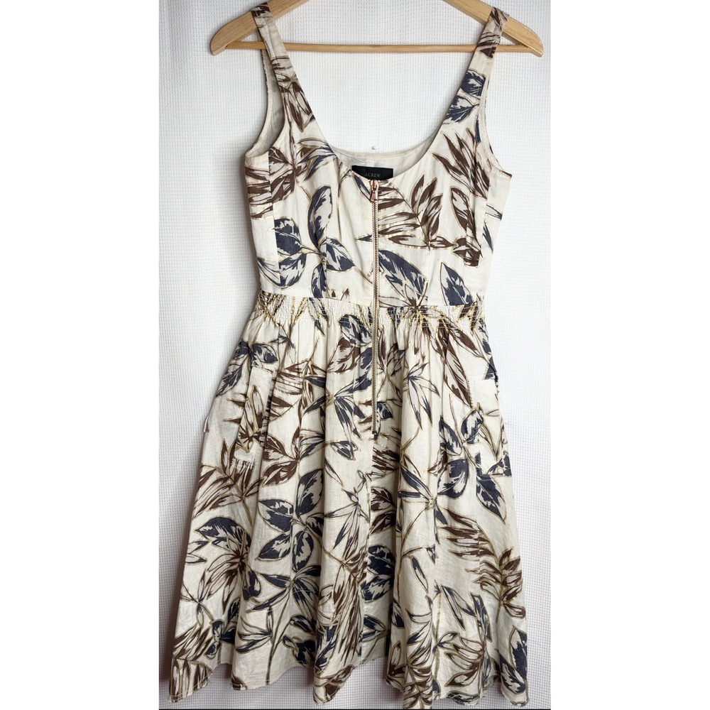 J.Crew Linen Tropical Leaf Print Dress Gold Metallic Zip Front Pockets Size 0